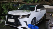 Hà Nội: Xót xa trước hình ảnh Lexus LX570 bị cây lớn đổ đè vào nóc xe sau đêm mưa bão