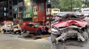 [VIDEO] Hà Nội: Mercedes-Benz C300 AMG nát đầu vì đâm trực diện vào chân cầu vượt Thái Hà