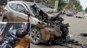 Bình Thuận: Hyundai Santa Fe va chạm với xe tải, nữ tài xế bị mắc kẹt không thể ra khỏi xe