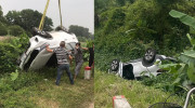 Hưng Yên: Kia Sonet lật ngửa xuống chân đê, nữ tài xế đang mang bầu may mắn thoát nạn