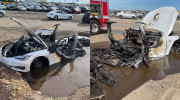 [VIDEO] Xe Tesla bất ngờ bốc cháy “ngùn ngụt” sau 3 tuần nằm bãi phế thải