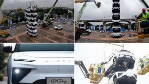 Hãng xe Trung Quốc chứng minh độ bền bằng cách chồng 7 chiếc ô tô lên nhau